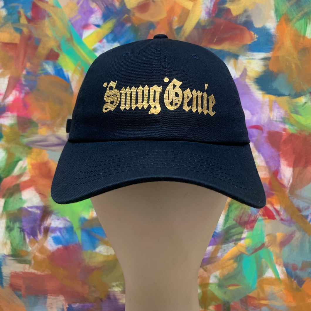 gold lettering on a navy blue snapback dad hat