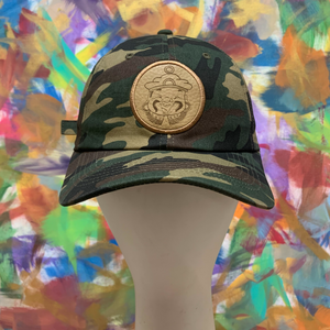 camo strapback dad hat with leather patch